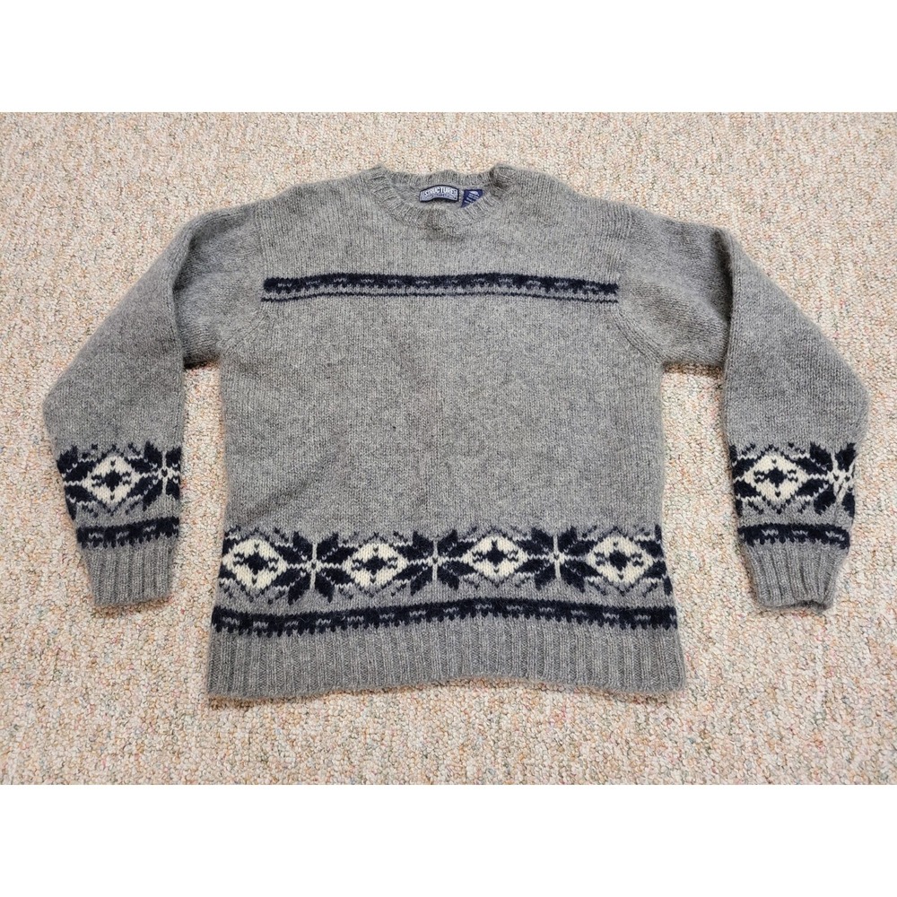 Structure Shetland Wool Sweater Mens Small Gray Fair Isle Snowflake Vintage